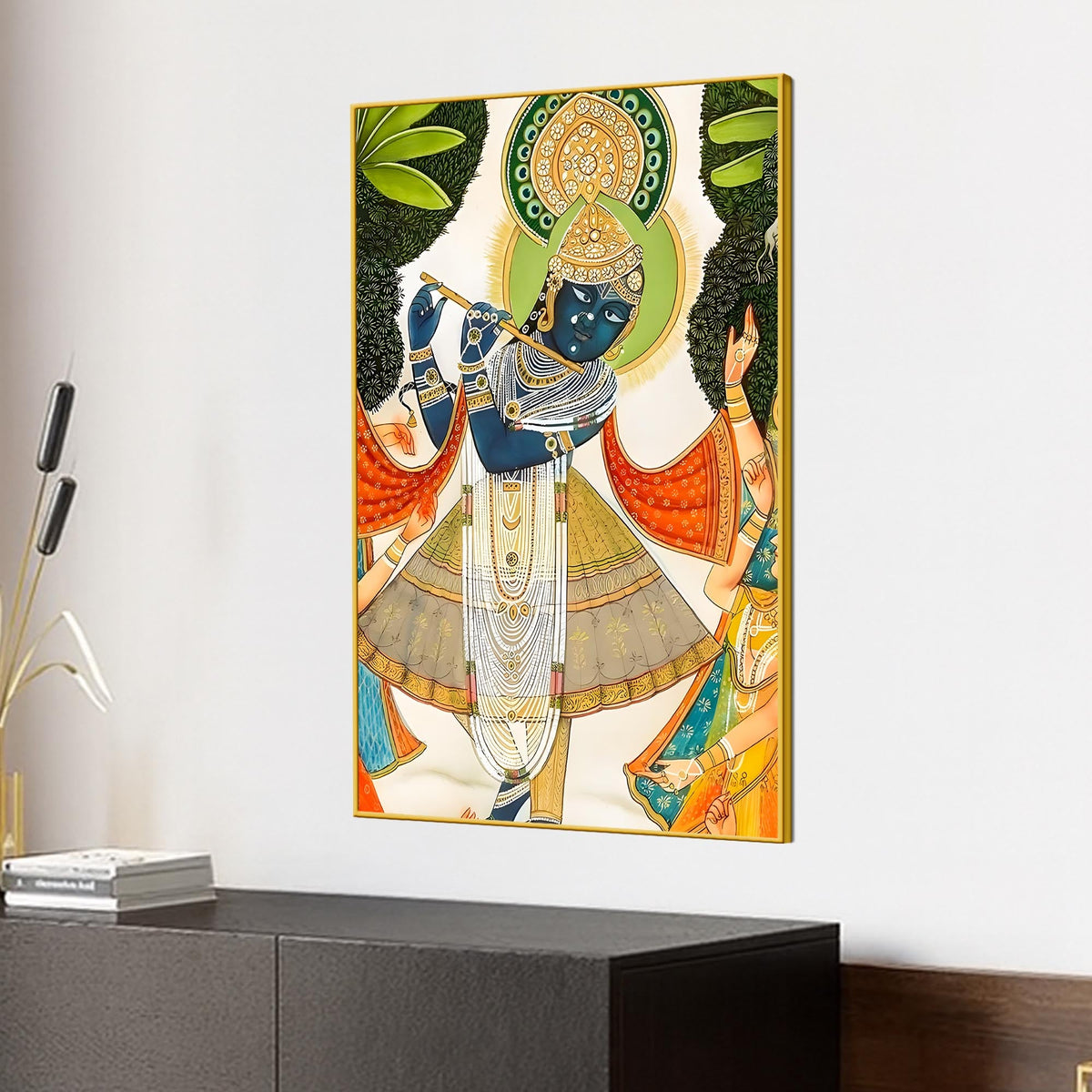 Divine Shreenathji Playing Flute Pichwai Style Canvas Wall Painting