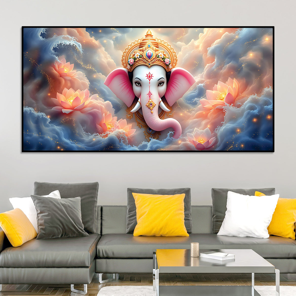 Divine Shri Ganesha in Celestial Clouds & Pink Lotus Marvellous Canvas Wall Painting for Home & Office Decor – Modern Devotional Wall Art