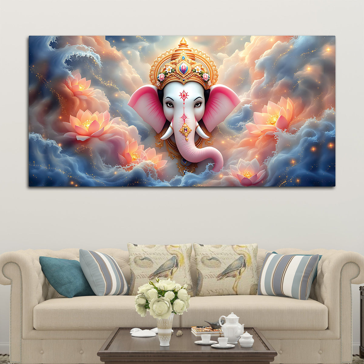 Divine Shri Ganesha in Celestial Clouds & Pink Lotus Marvellous Canvas Wall Painting for Home & Office Decor – Modern Devotional Wall Art