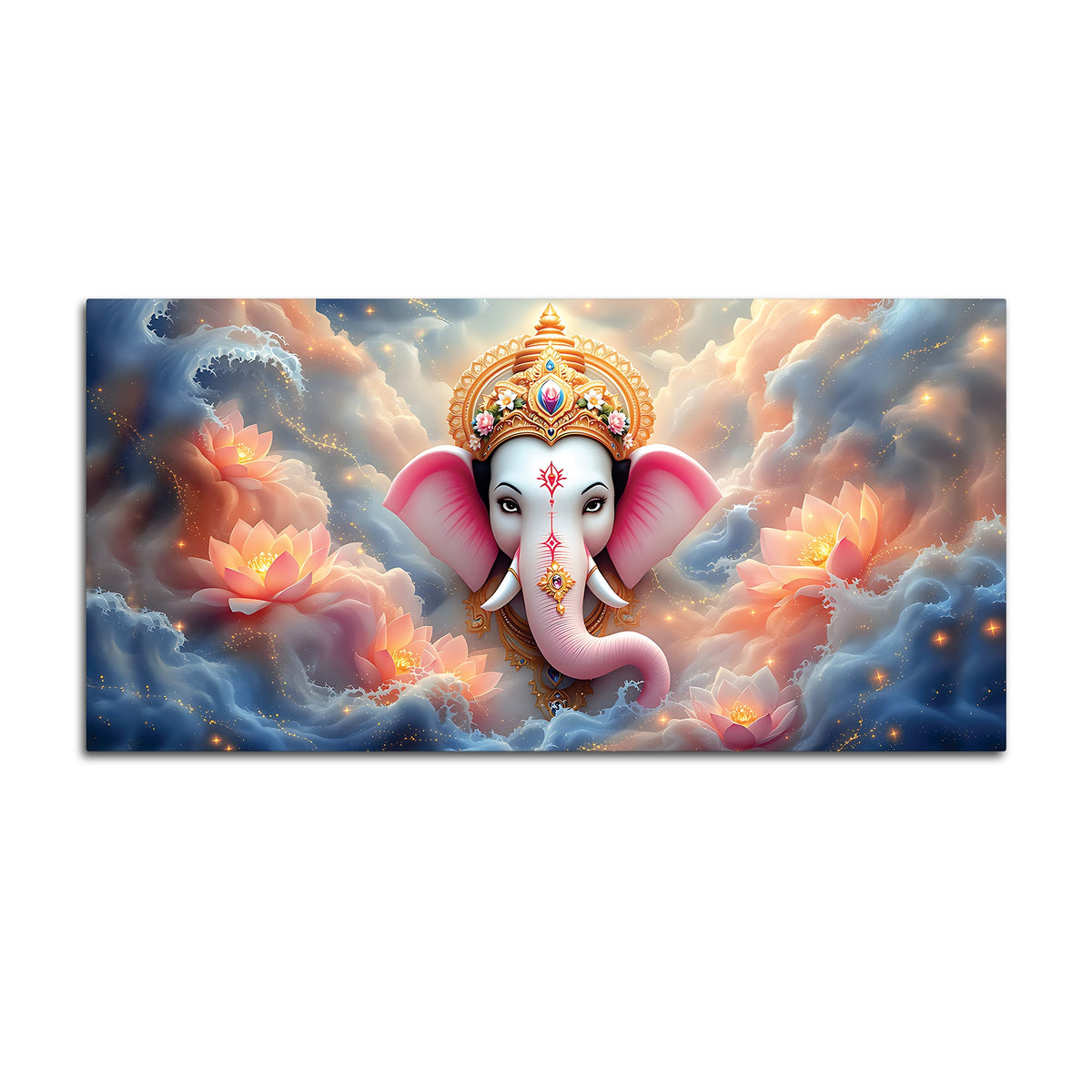 Divine Shri Ganesha in Celestial Clouds & Pink Lotus Marvellous Canvas Wall Painting for Home & Office Decor – Modern Devotional Wall Art