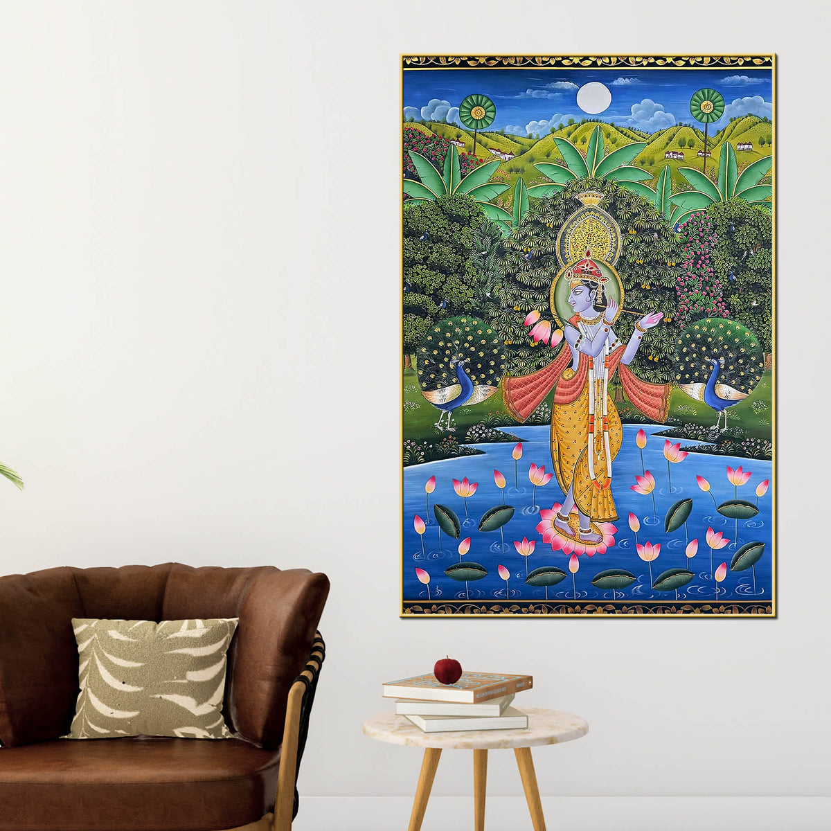 Divine Shri Krishna Playing Flute In Lotus Pond Pichwai Style Canvas Wall Painting