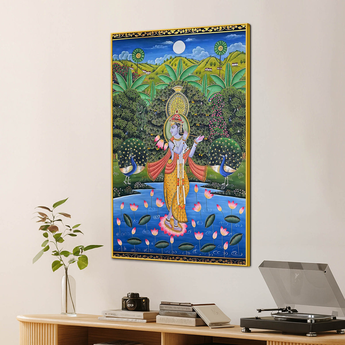 Divine Shri Krishna Playing Flute In Lotus Pond Pichwai Style Canvas Wall Painting