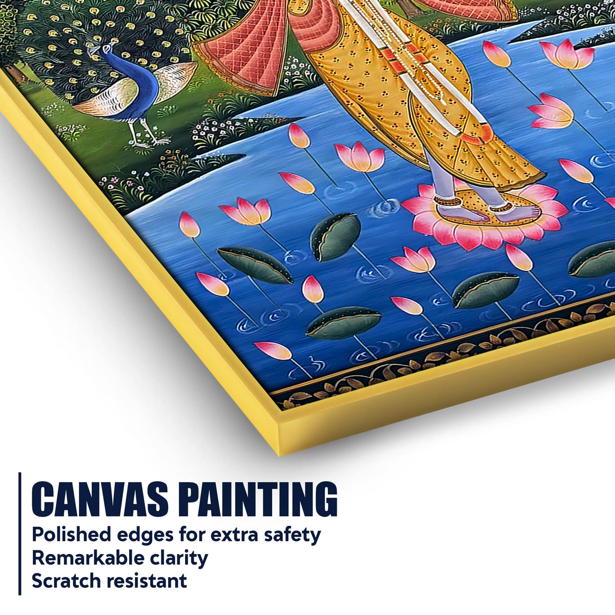 Divine Shri Krishna Playing Flute In Lotus Pond Pichwai Style Canvas Wall Painting