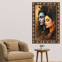 Divine Union Gauri Shankar Floral Border Vertical Wall Painting