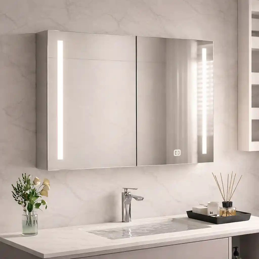 Double Door LED Mirror Cabinet with Vertical Lights and Touch Sensor