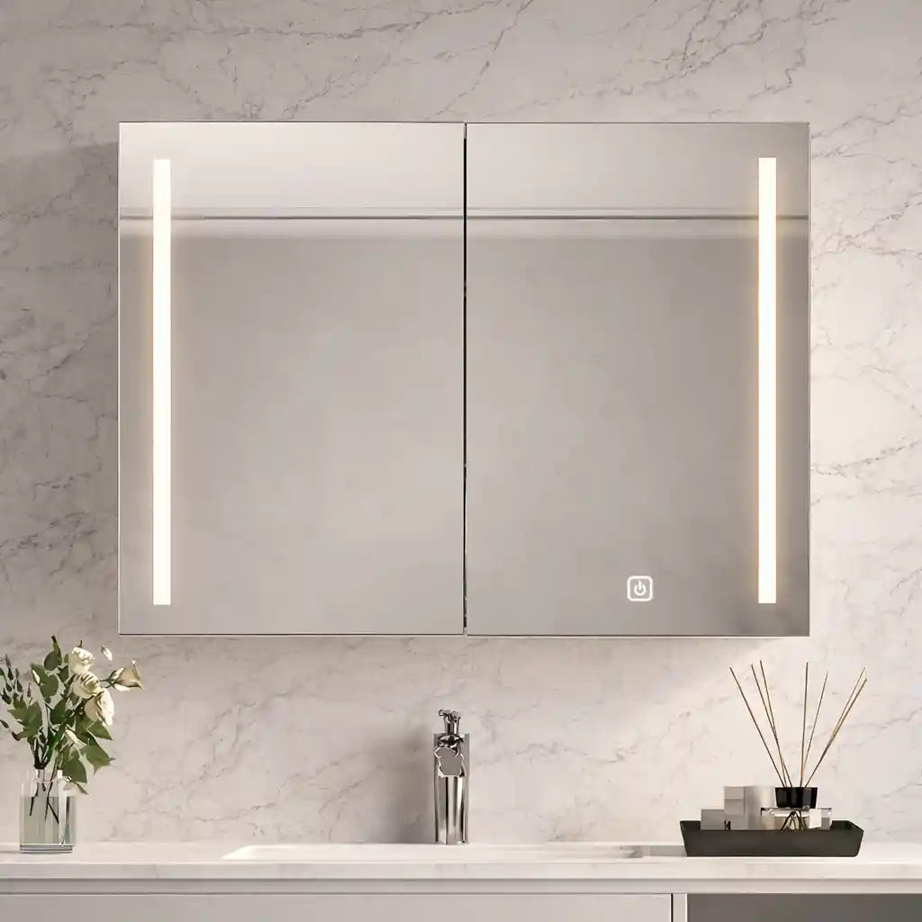Double Door LED Mirror Cabinet with Vertical Lights and Touch Sensor