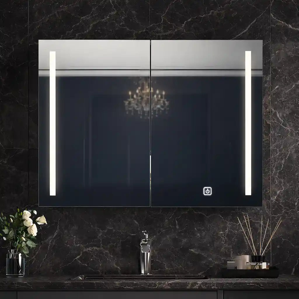 Double Door LED Mirror Cabinet with Vertical Lights and Touch Sensor