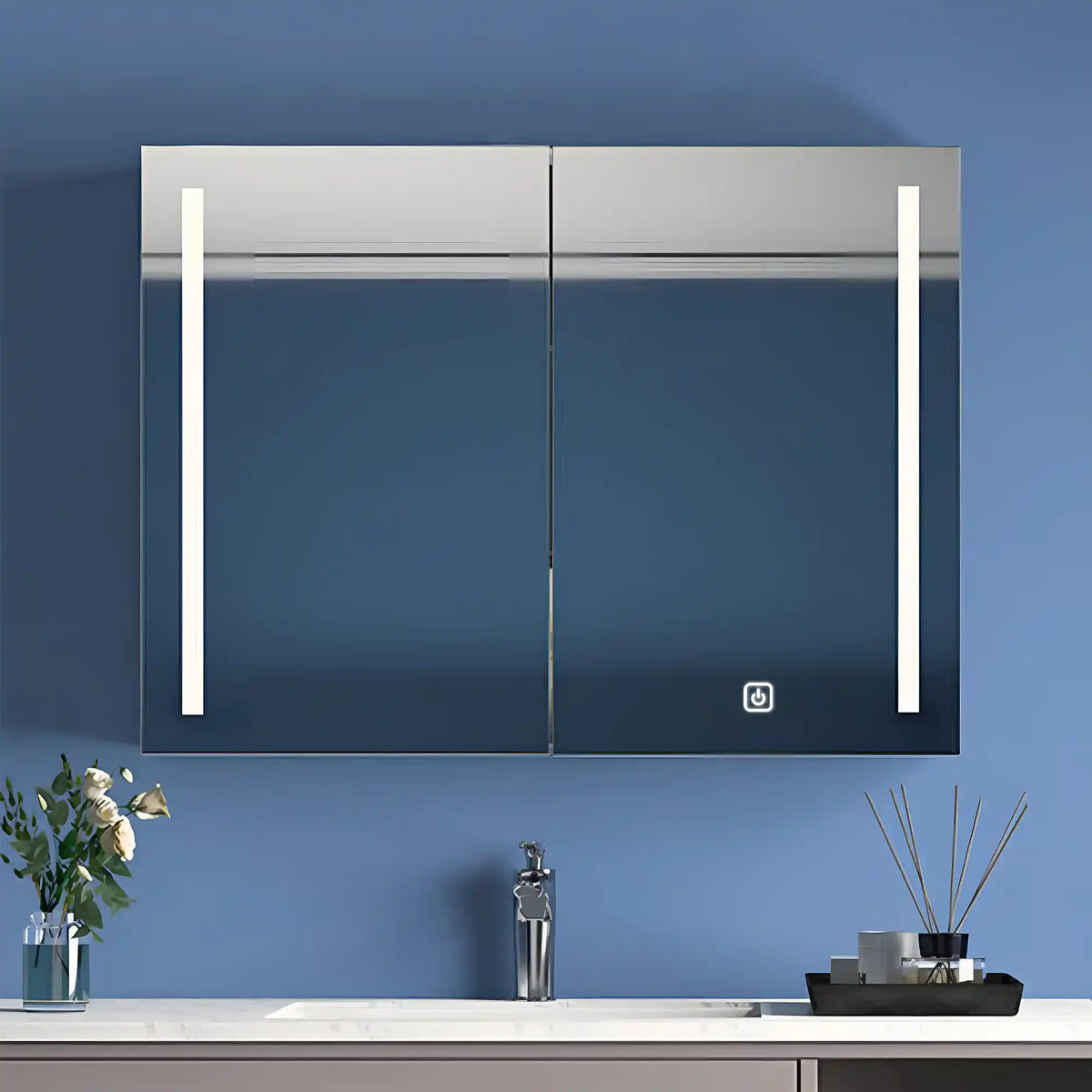 Double Door LED Mirror Cabinet with Vertical Lights and Touch Sensor