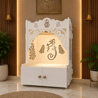 Beautiful Design of Shri Ganesh Floor Temple with Spacious Wooden Shelf & Inbuilt Focus Light- White Finish