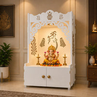 Beautiful Design of Shri Ganesh Floor Temple with Spacious Wooden Shelf & Inbuilt Focus Light- White Finish
