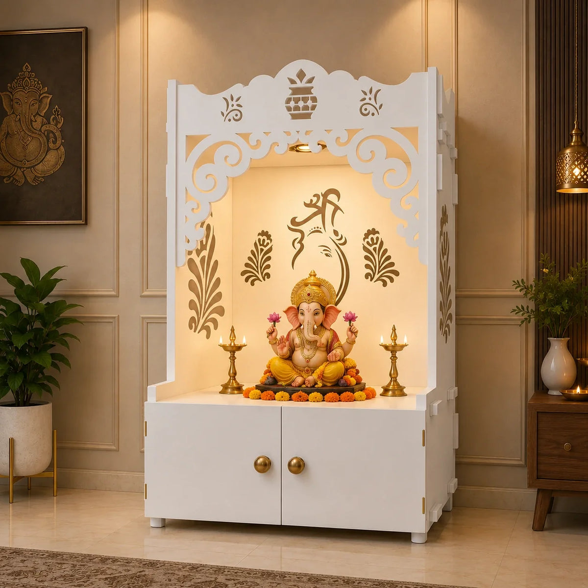 Beautiful Design of Shri Ganesh Floor Temple with Spacious Wooden Shelf & Inbuilt Focus Light- White Finish
