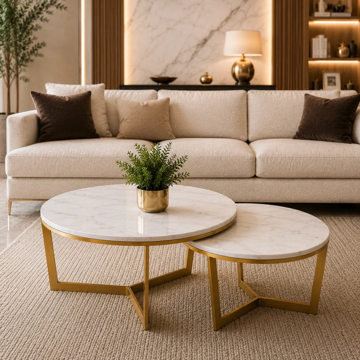 Premium Metallic Nesting Center Tables in Golden Luxurious Base Set of 2