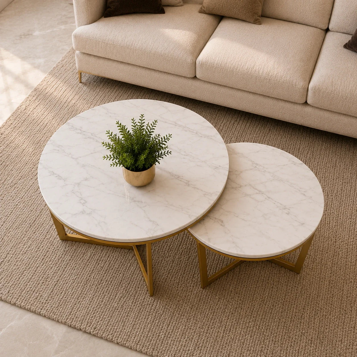 Premium Metallic Nesting Center Tables in Golden Luxurious Base Set of 2