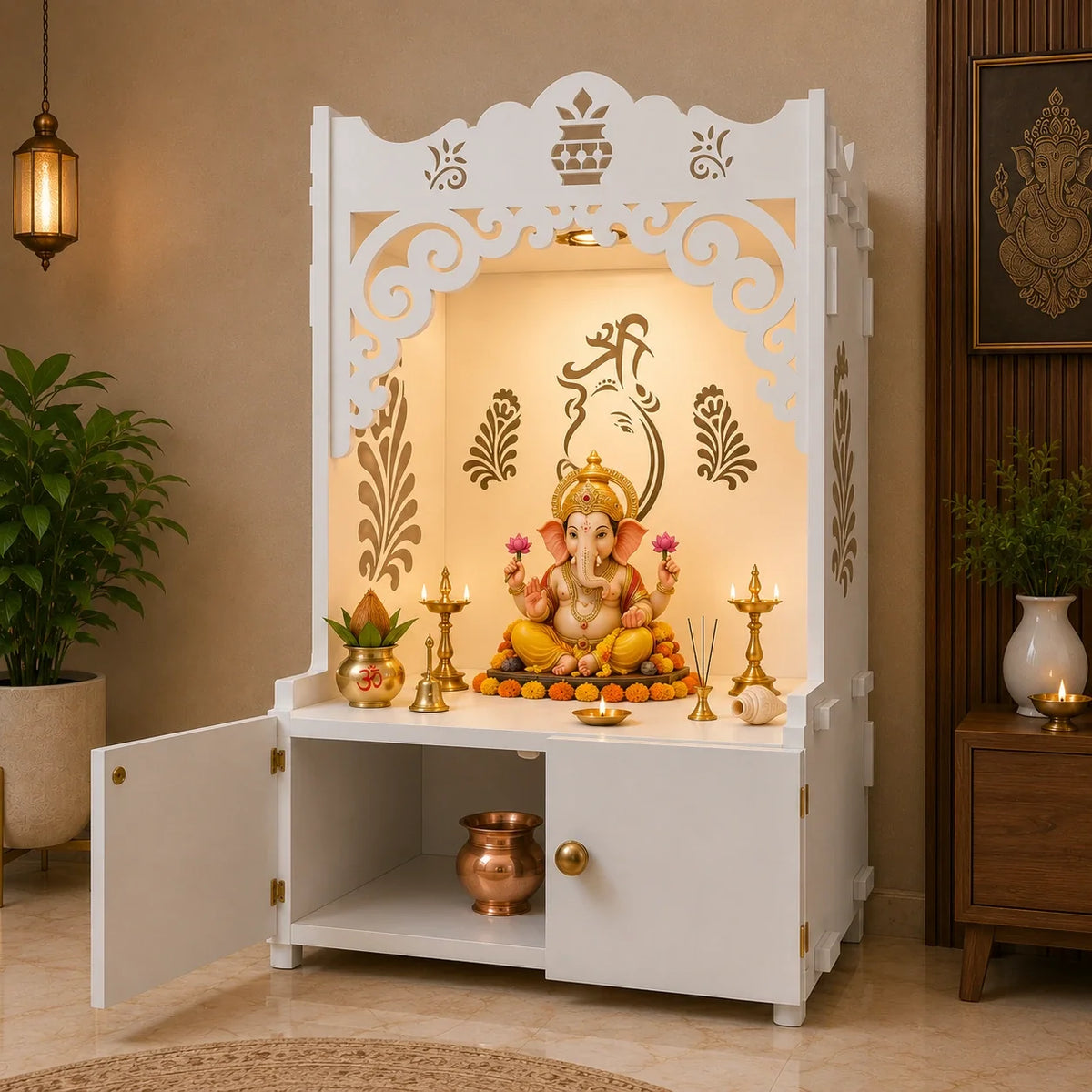 Beautiful Design of Shri Ganesh Floor Temple with Spacious Wooden Shelf & Inbuilt Focus Light- White Finish