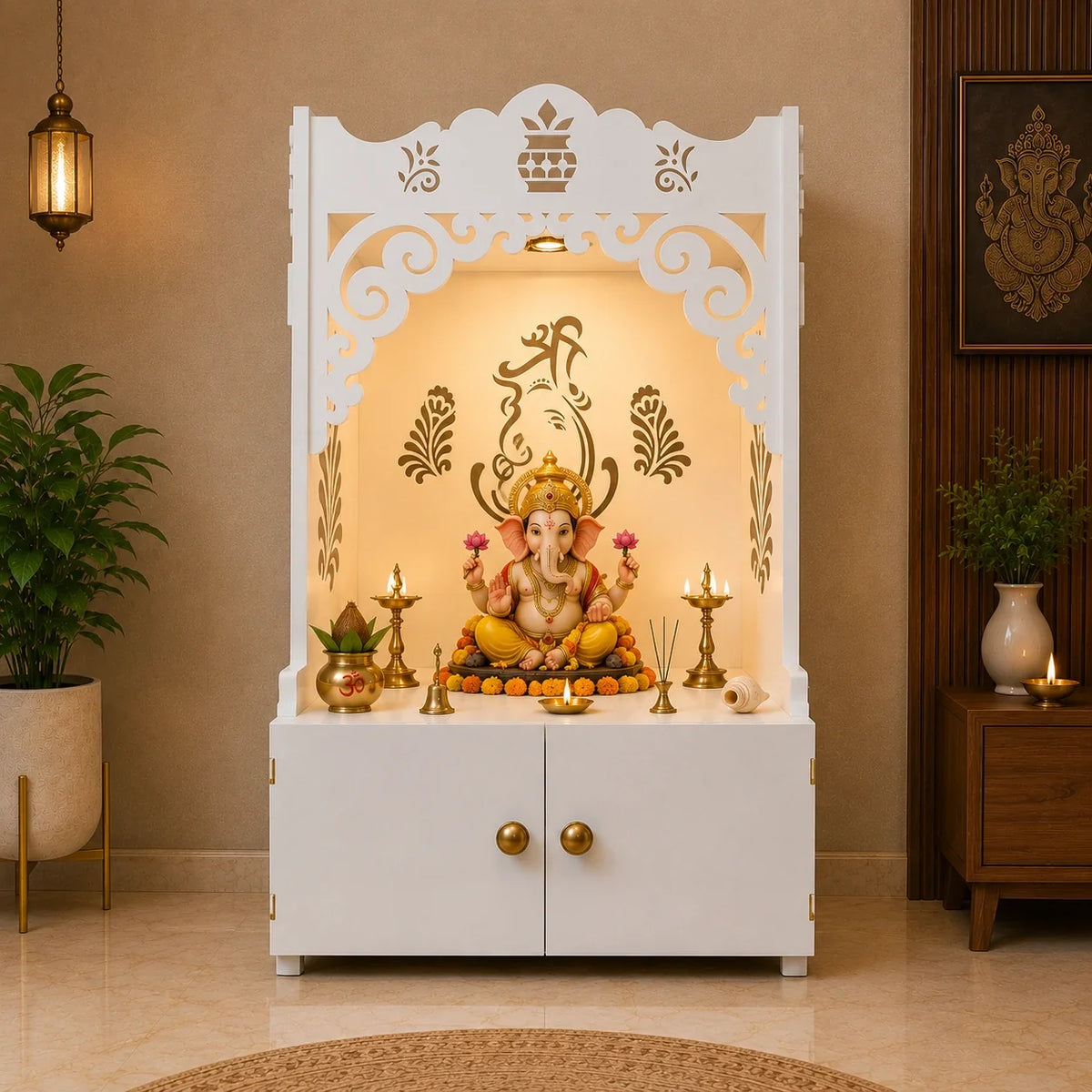 Beautiful Design of Shri Ganesh Floor Temple with Spacious Wooden Shelf & Inbuilt Focus Light- White Finish