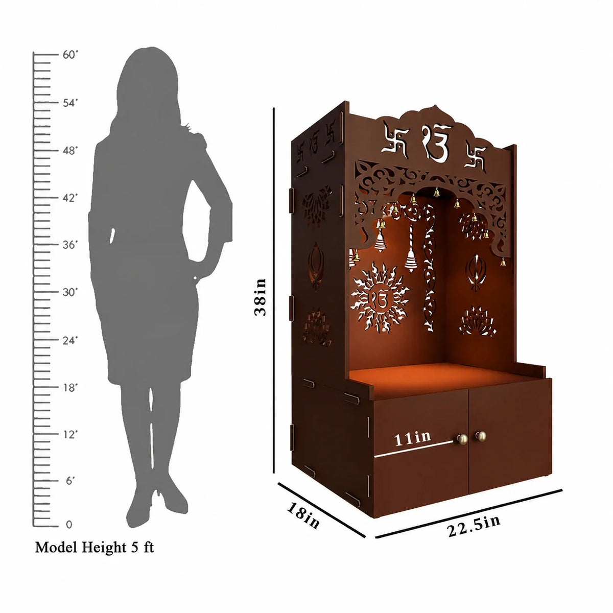 Brown Wooden Floor Pooja Mandir with Ik Onkar & Swastik Design Laser-Cut Bell Motifs Storage Cabinet & Ornate Arch