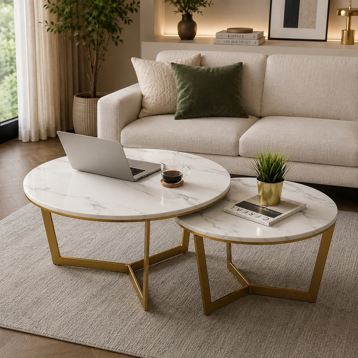 Premium Metallic Nesting Center Tables in Golden Luxurious Base Set of 2