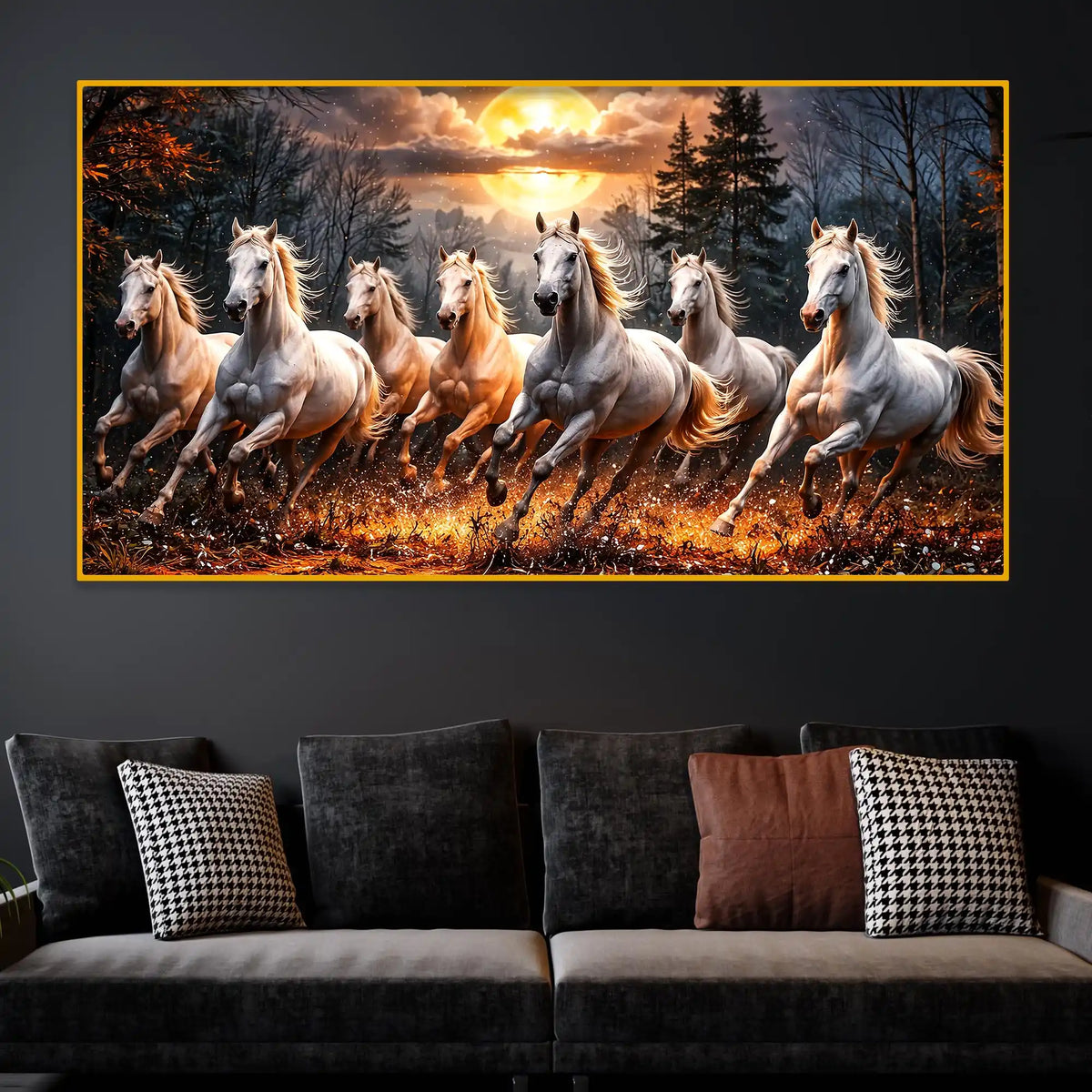 Dynamic Horse Group Wall Art Crystal Glass Finish Painting