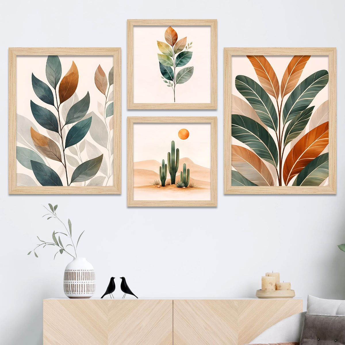 Earth Tone Minimal Art of Botanical Leaf Wall Frame Set of Four