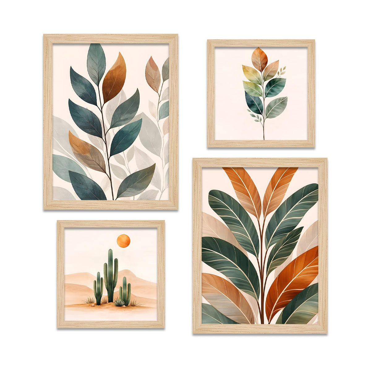 Earth Tone Minimal Art of Botanical Leaf Wall Frame Set of Four