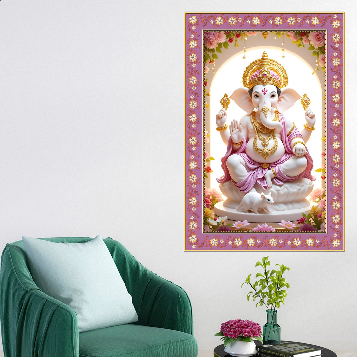 Ekadanta Ganesha Floral Border Vertical Wall Painting