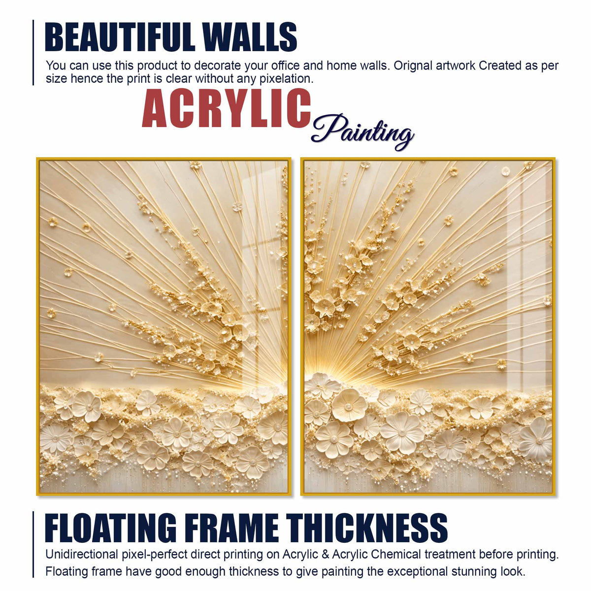 Elegant 3D Floral Radiance Acrylic Floating Wall Painting Set of 2