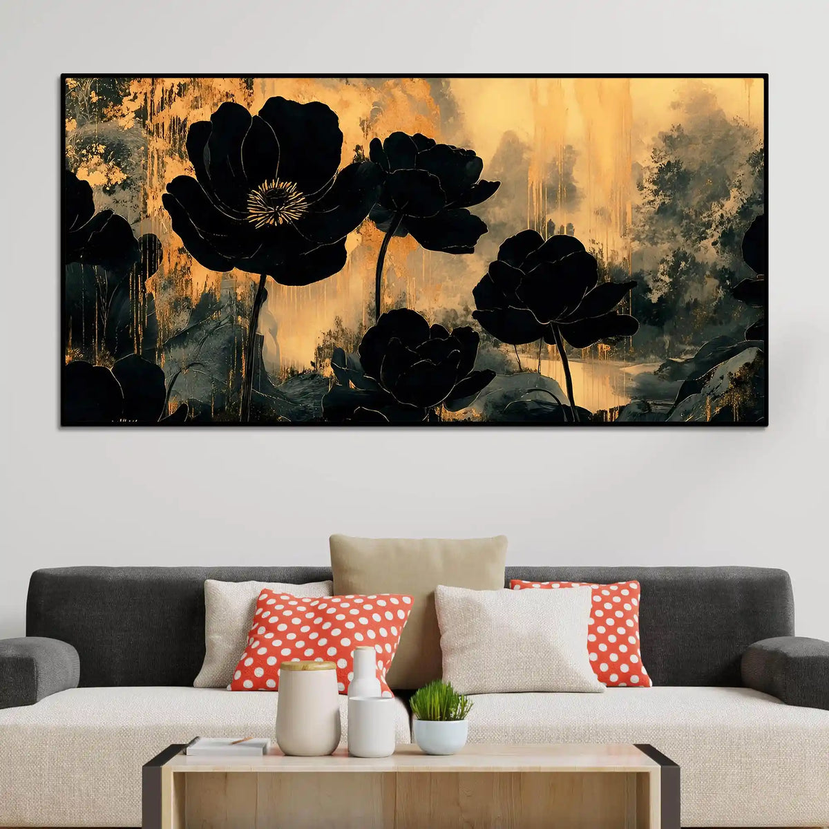 Elegant Black Floral Canvas Wall Art Abstract Painting