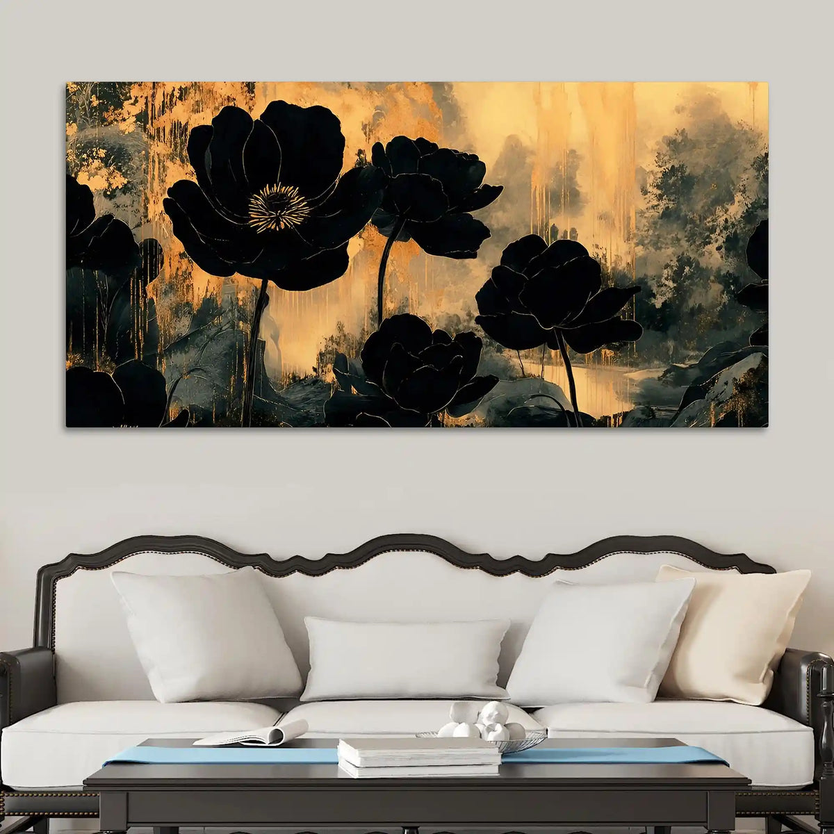 Elegant Black Floral Canvas Wall Art Abstract Painting