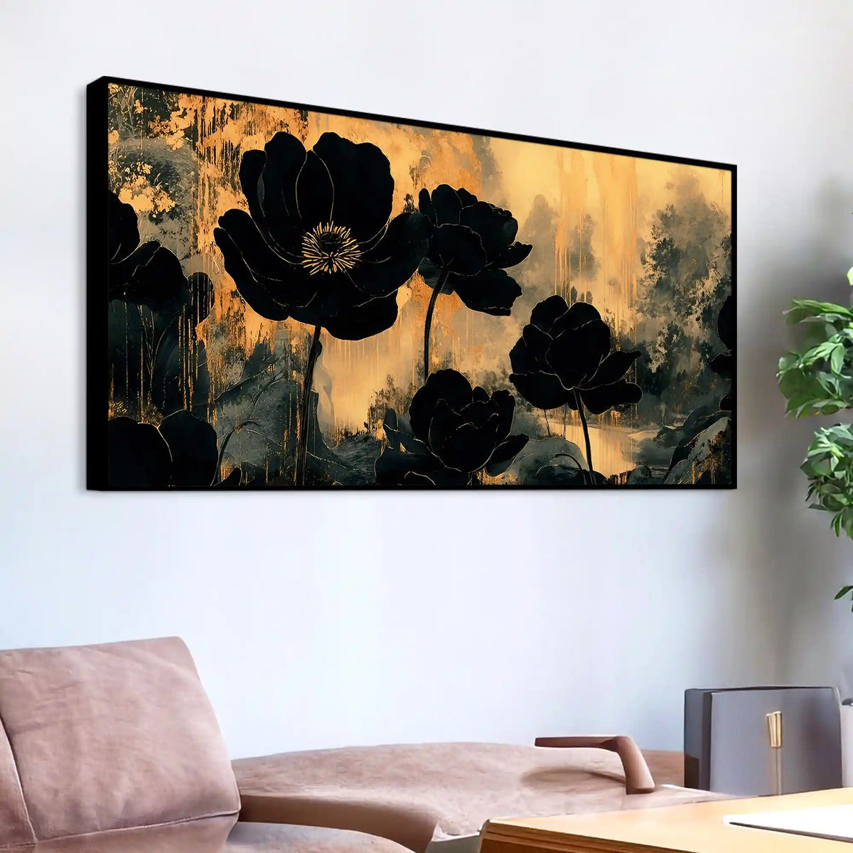 Elegant Black Floral Canvas Wall Art Abstract Painting