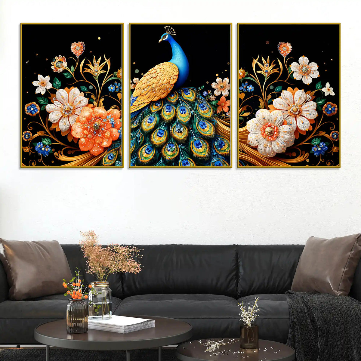 Elegant Blue Peacock with Golden Feathers and Flowers Floating Frame Crystal Wall Painting Set of 3