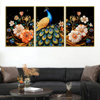Elegant Blue Peacock with Golden Feathers and Flowers Floating Frame Crystal Wall Painting Set of 3