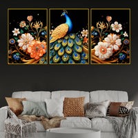 Elegant Blue Peacock with Golden Feathers and Flowers Floating Frame Crystal Wall Painting Set of 3