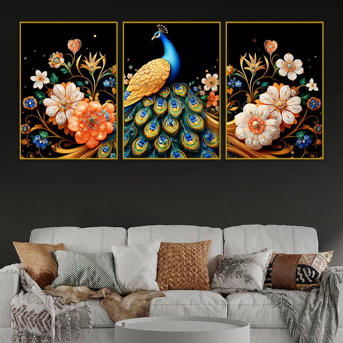 Elegant Blue Peacock with Golden Feathers and Flowers Floating Frame Crystal Wall Painting Set of 3