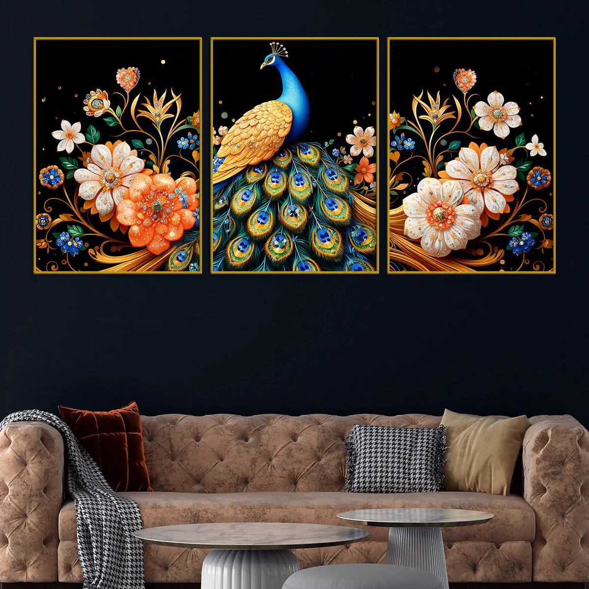 Elegant Blue Peacock with Golden Feathers and Flowers Floating Frame Crystal Wall Painting Set of 3
