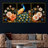Elegant Blue Peacock with Golden Feathers and Flowers Floating Frame Crystal Wall Painting Set of 3