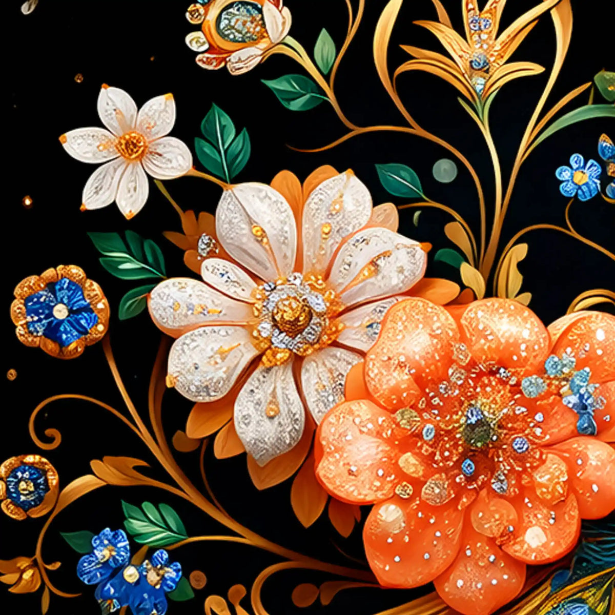 Elegant Blue Peacock with Golden Feathers and Flowers Floating Frame Crystal Wall Painting Set of 3