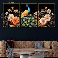 Elegant Blue Peacock with Golden Feathers and Flowers Floating Frame Crystal Wall Painting Set of 3