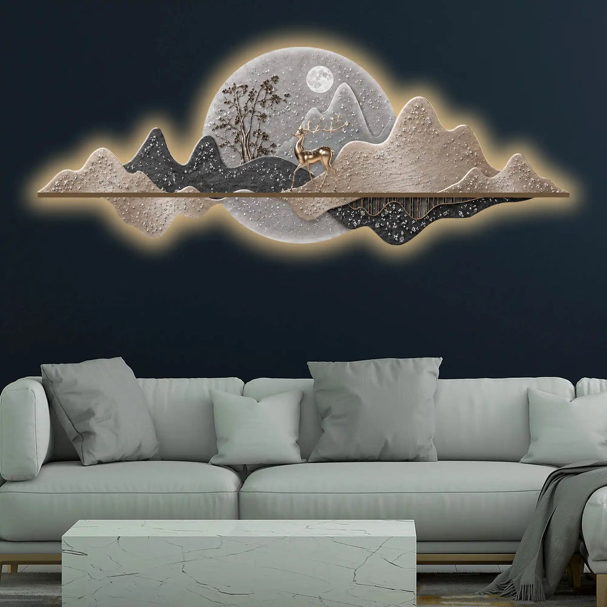 Elegant Deer Moonlight Landscape Premium Crystal Glass Backlit LED Wall Art