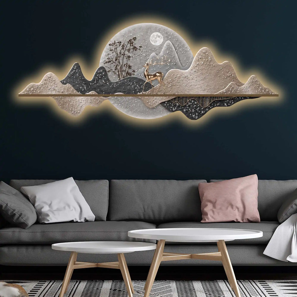 Elegant Deer Moonlight Landscape Premium Crystal Glass Backlit LED Wall Art