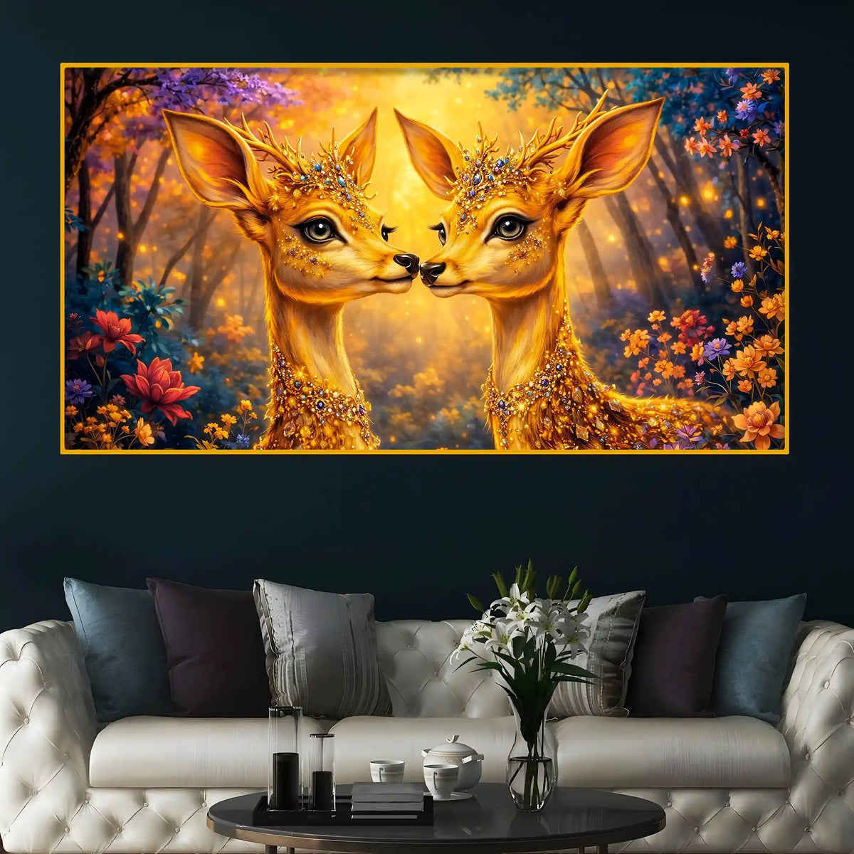 Elegant Deer Pair Crystal Glass Wall Art Painting