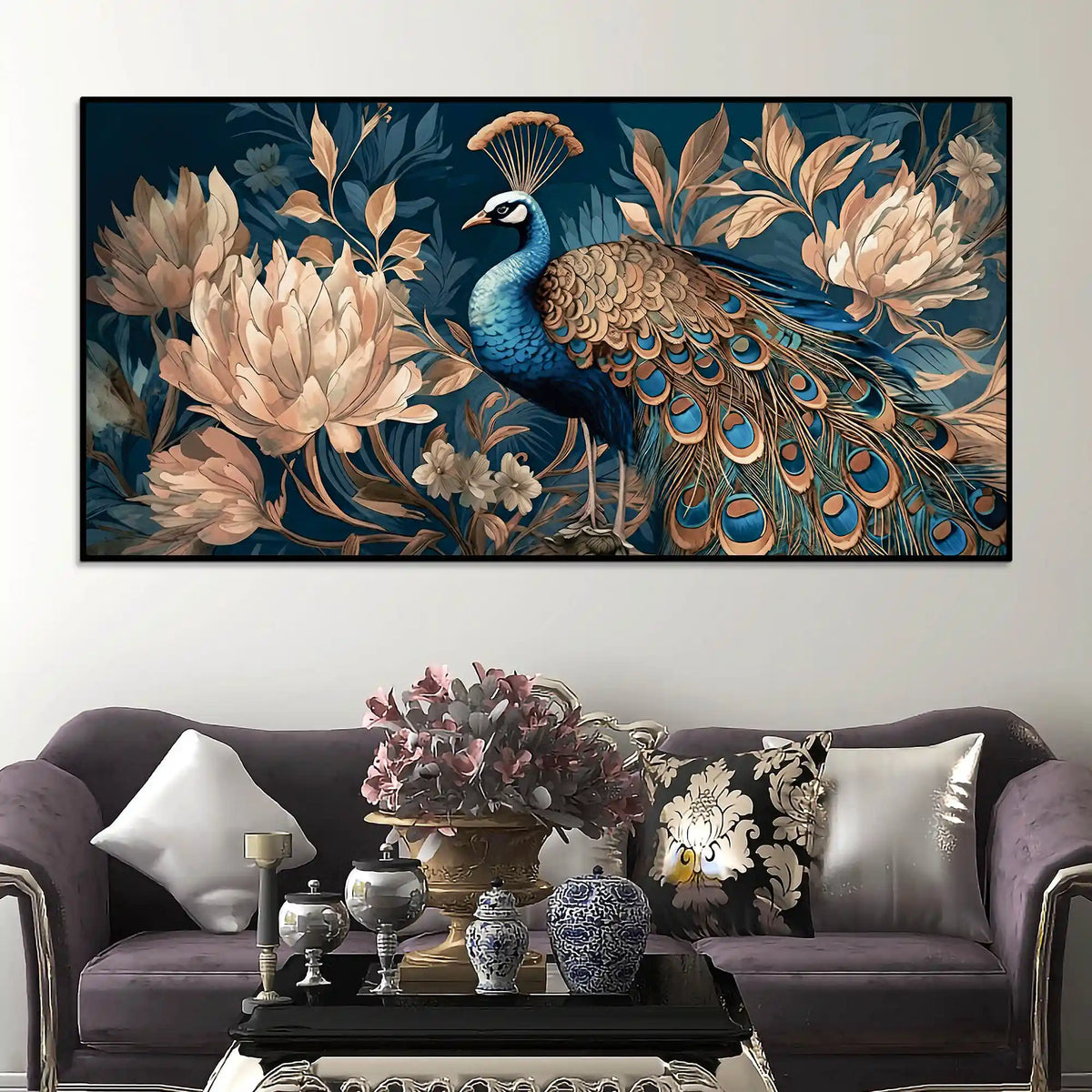 Elegant Floral Abstract Peacock Canvas Painting for Home