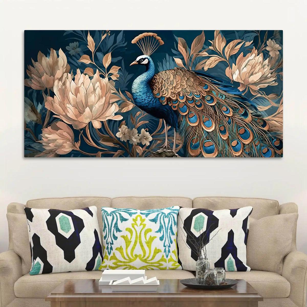 Elegant Floral Abstract Peacock Canvas Painting for Home