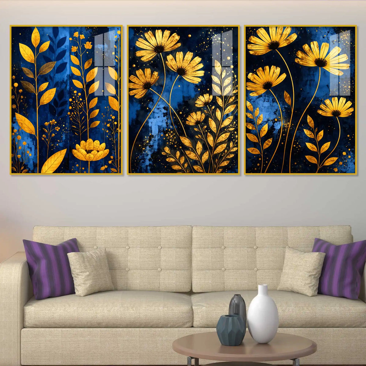 Elegant Flower Floating Acrylic Wall Painting Set of 3