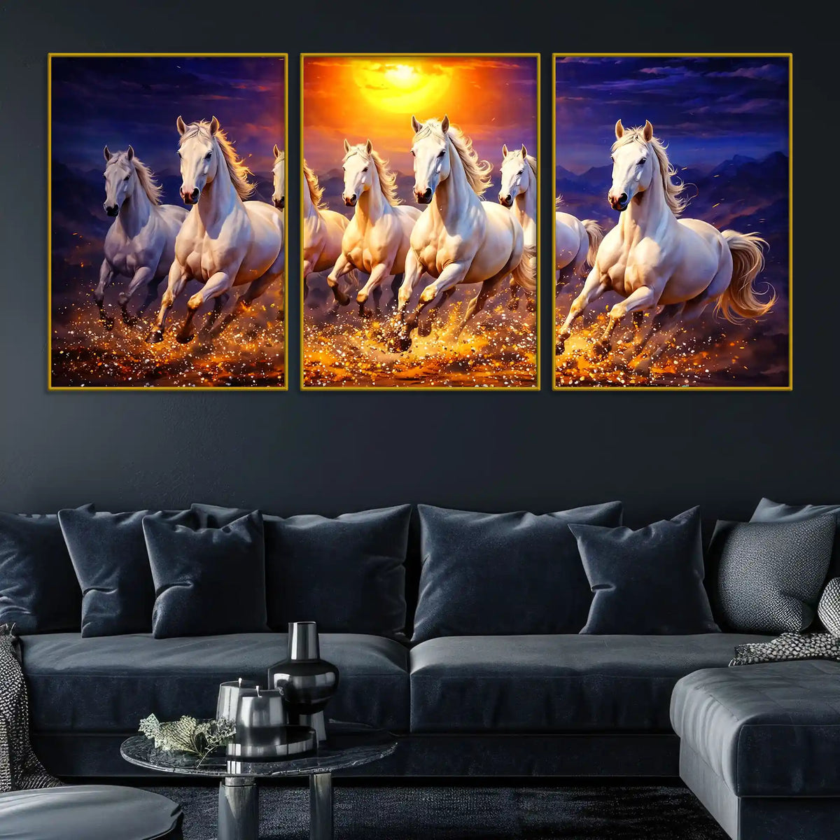 Elegant Galloping White Horses with Golden Sunset Floating Frame Crystal Wall Painting Set of 3