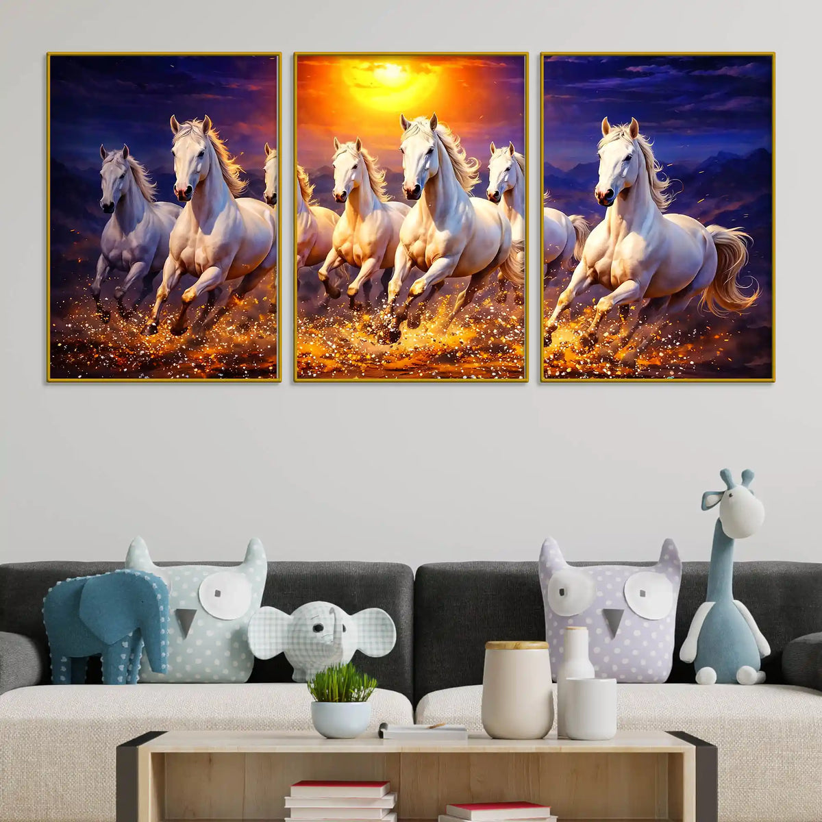 Elegant Galloping White Horses with Golden Sunset Floating Frame Crystal Wall Painting Set of 3