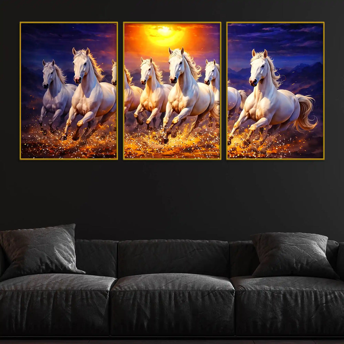 Elegant Galloping White Horses with Golden Sunset Floating Frame Crystal Wall Painting Set of 3