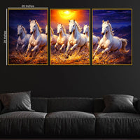 Elegant Galloping White Horses with Golden Sunset Floating Frame Crystal Wall Painting Set of 3