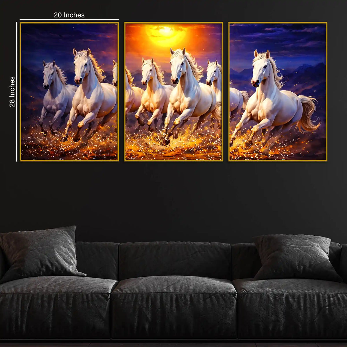 Elegant Galloping White Horses with Golden Sunset Floating Frame Crystal Wall Painting Set of 3