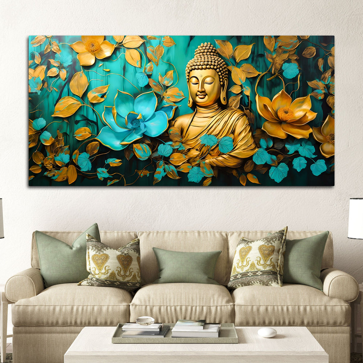 Elegant Gautam Buddha Wall Painting with Floral Nature Background