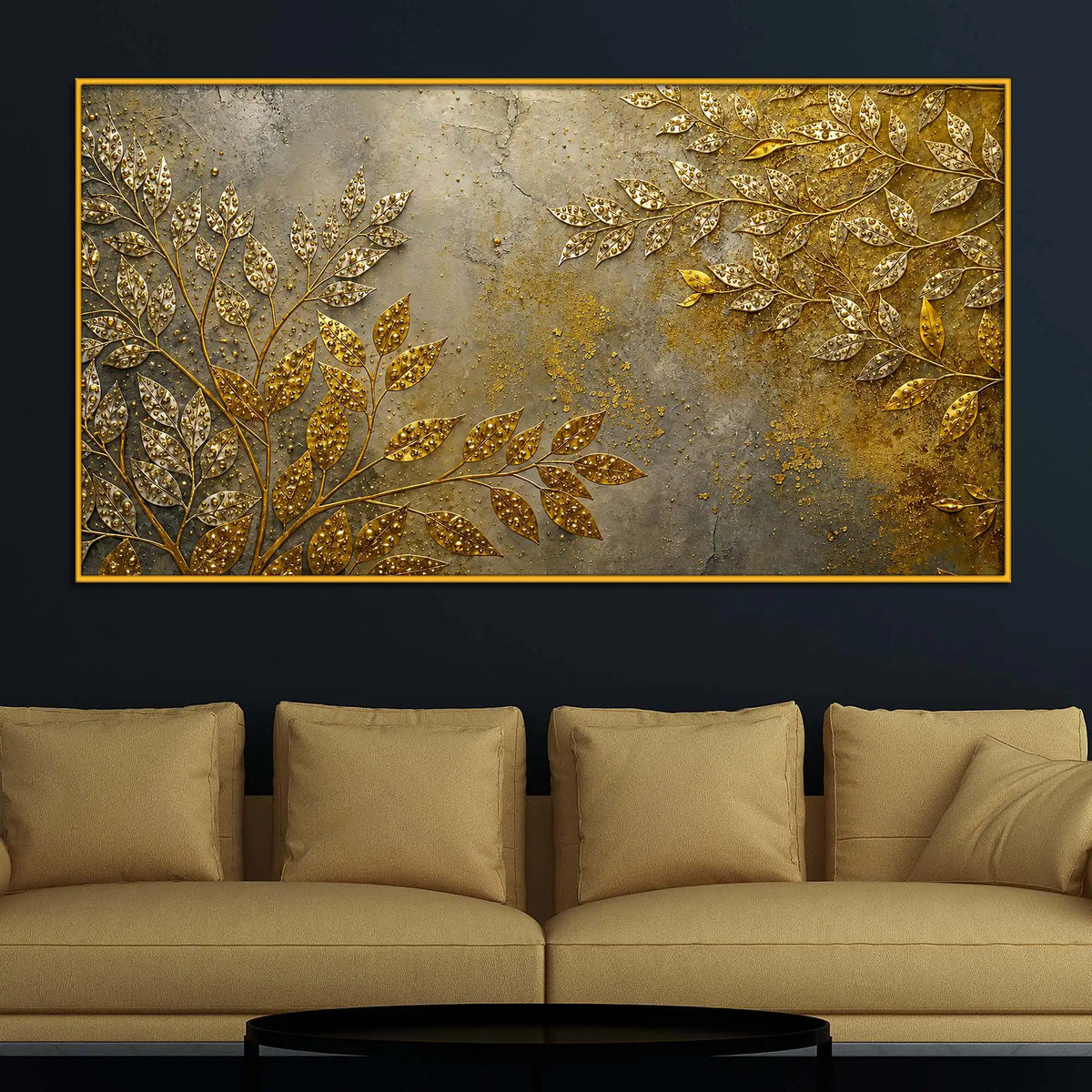 Elegant Gold Leaf Floating Frame Crystal Wall Art Painting